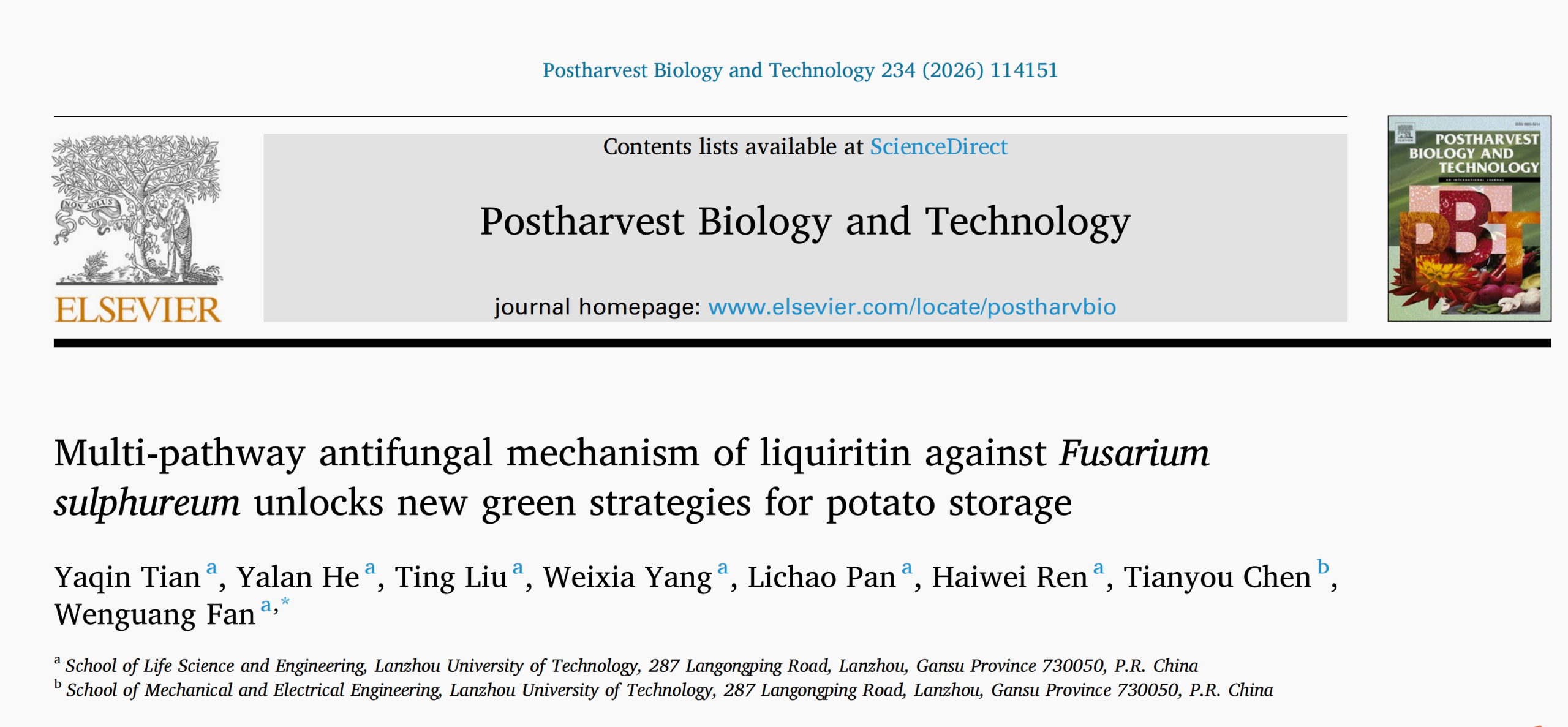 兰州理工大学科研团队在马铃薯干腐病绿色控制研究方面取得新进展