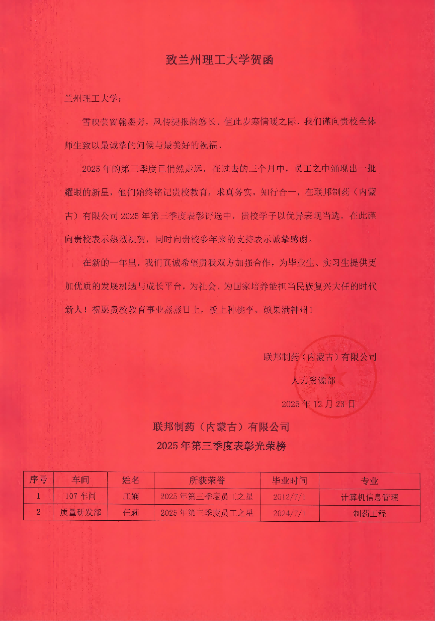 喜报：联邦制药（内蒙古）有限公司专函祝贺我院毕业生 荣获“员工之星”称号